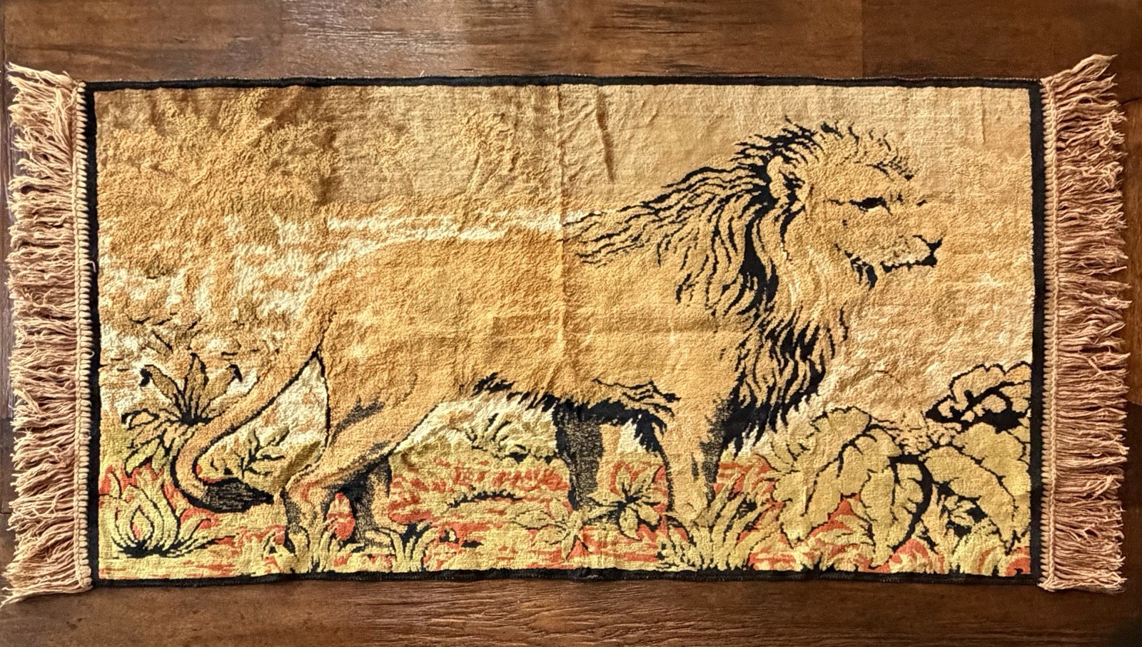 Vintage Tapestry Wall Hanging Lion In A Jungle Fringe 39” x 21” Decorative gallery