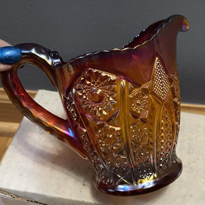 Indiana Glasss Iridescent Sunset Carnival Glass 2pc Sugar Pot & Creamer Set 2287 gallery