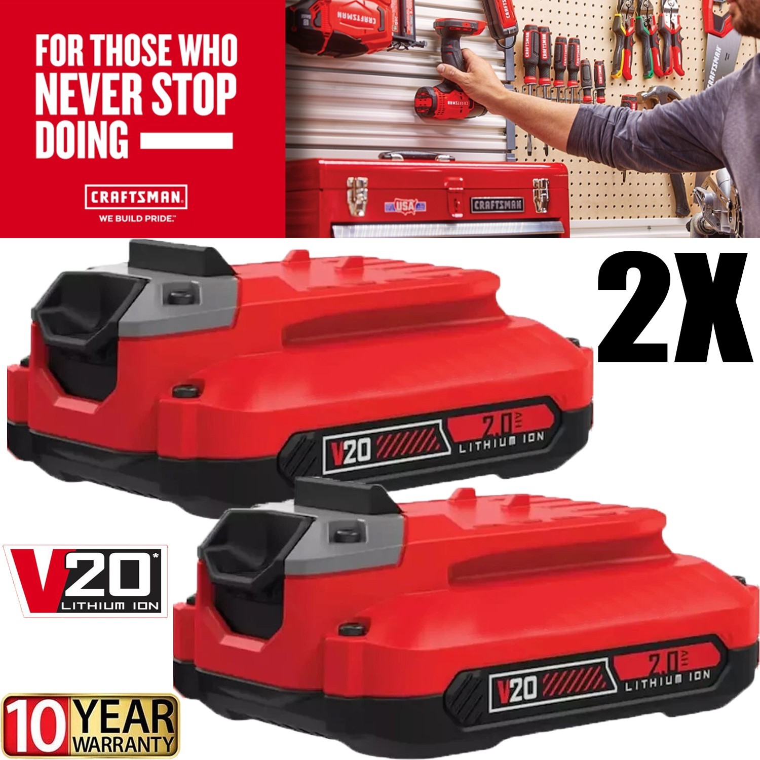 2 PACK 2.0Ah Compact Battery for CRAFTSMAN 20V 2.0Ah V20 CMCB202 Battery gallery