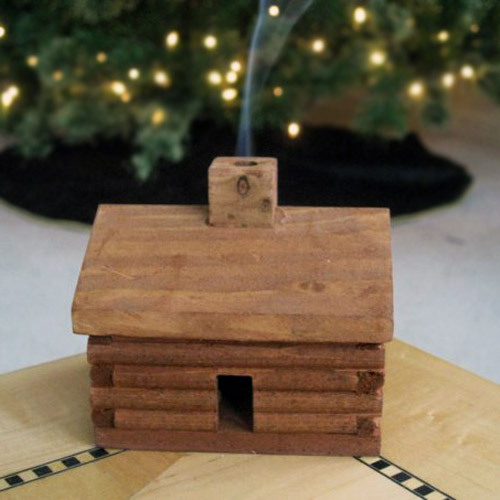 small LOG CABIN INCENSE BURNER smoking chimney + 10 balsam fir logs Paine's gallery