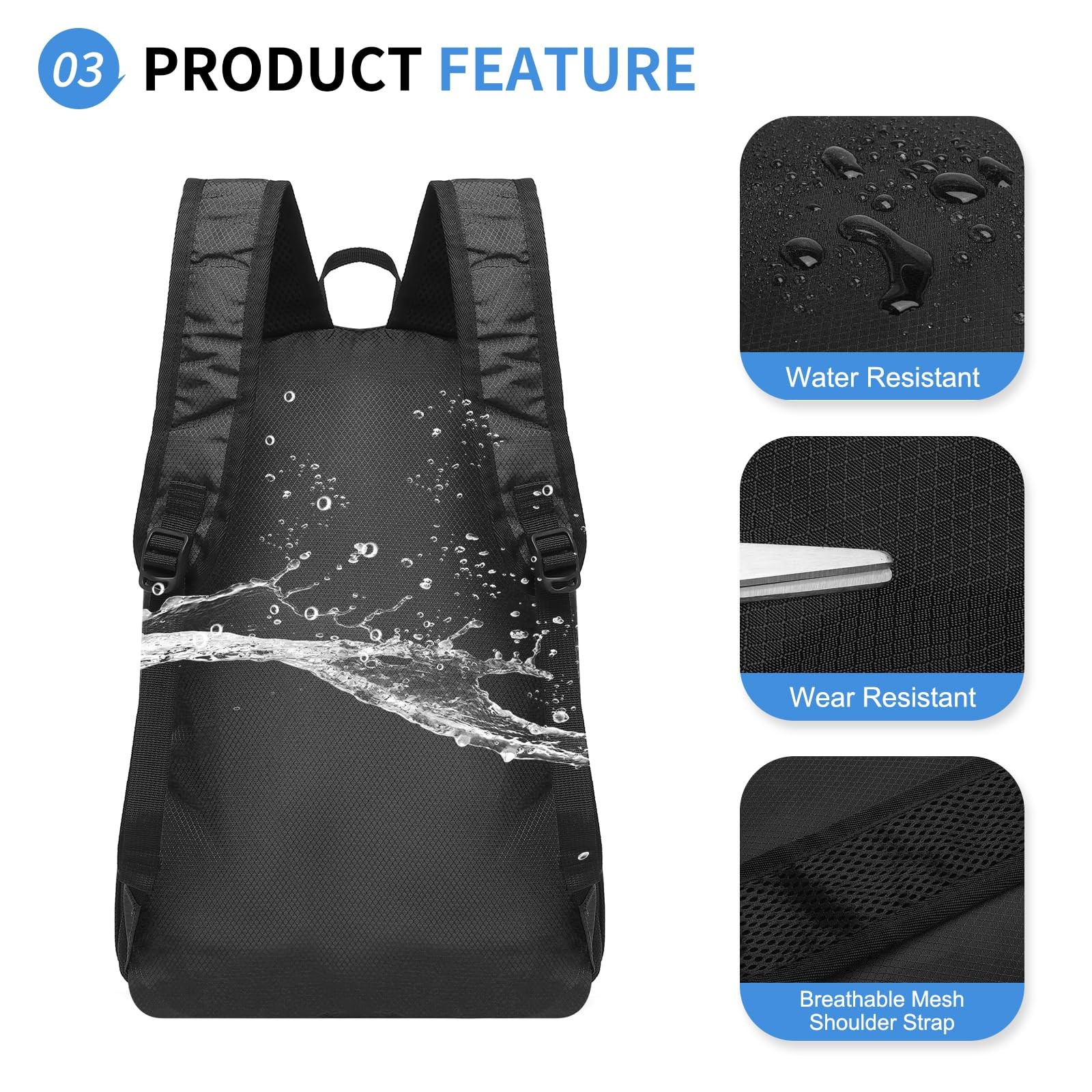 20L Foldable Hiking Backpack Lightweight Packable Daypack Water Repellent Black 5