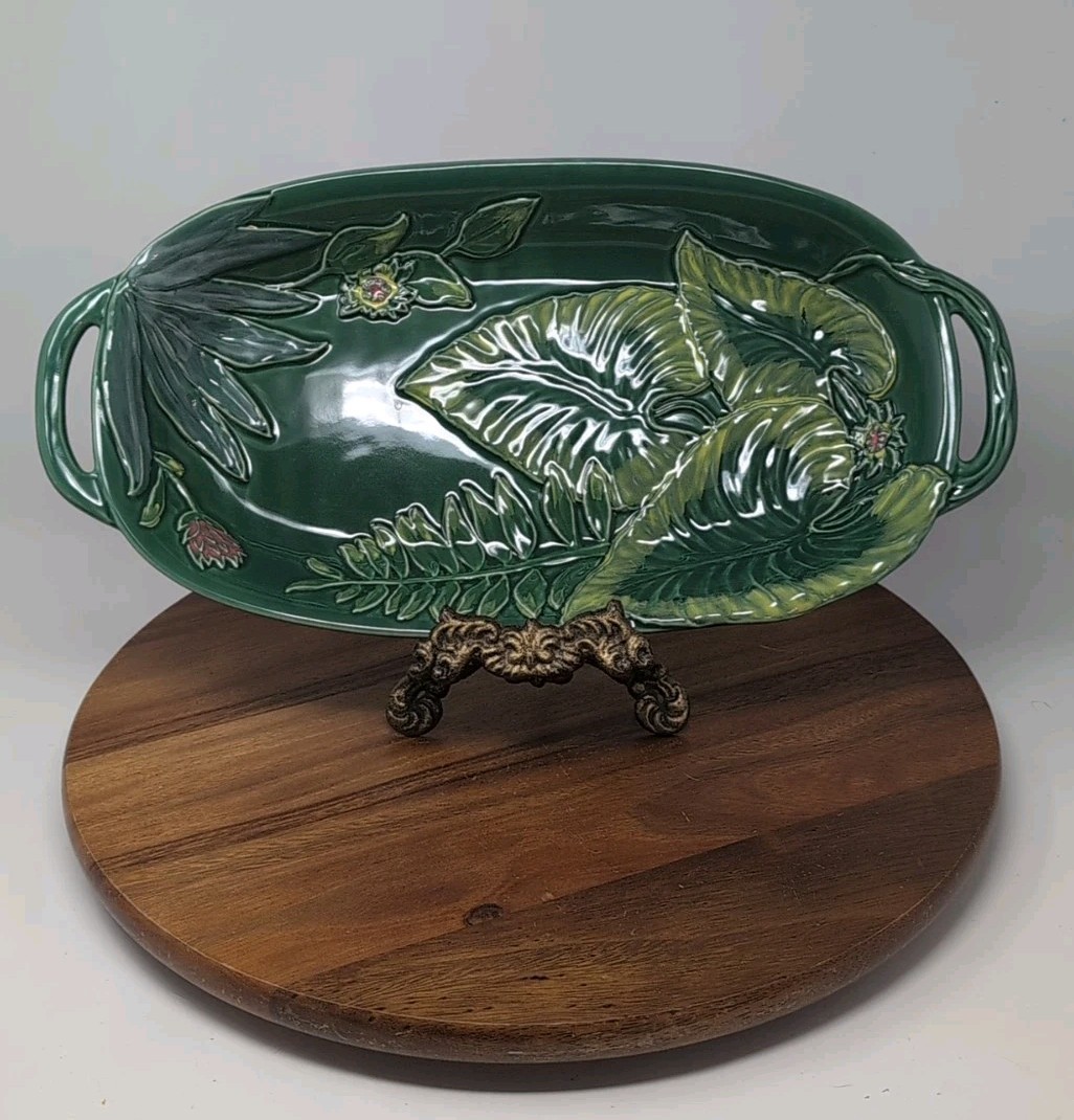 Opalhouse MAIOLICA STONEWARE GREEN LEAF FLORAL Decorative Tray 18"X9" Handles gallery