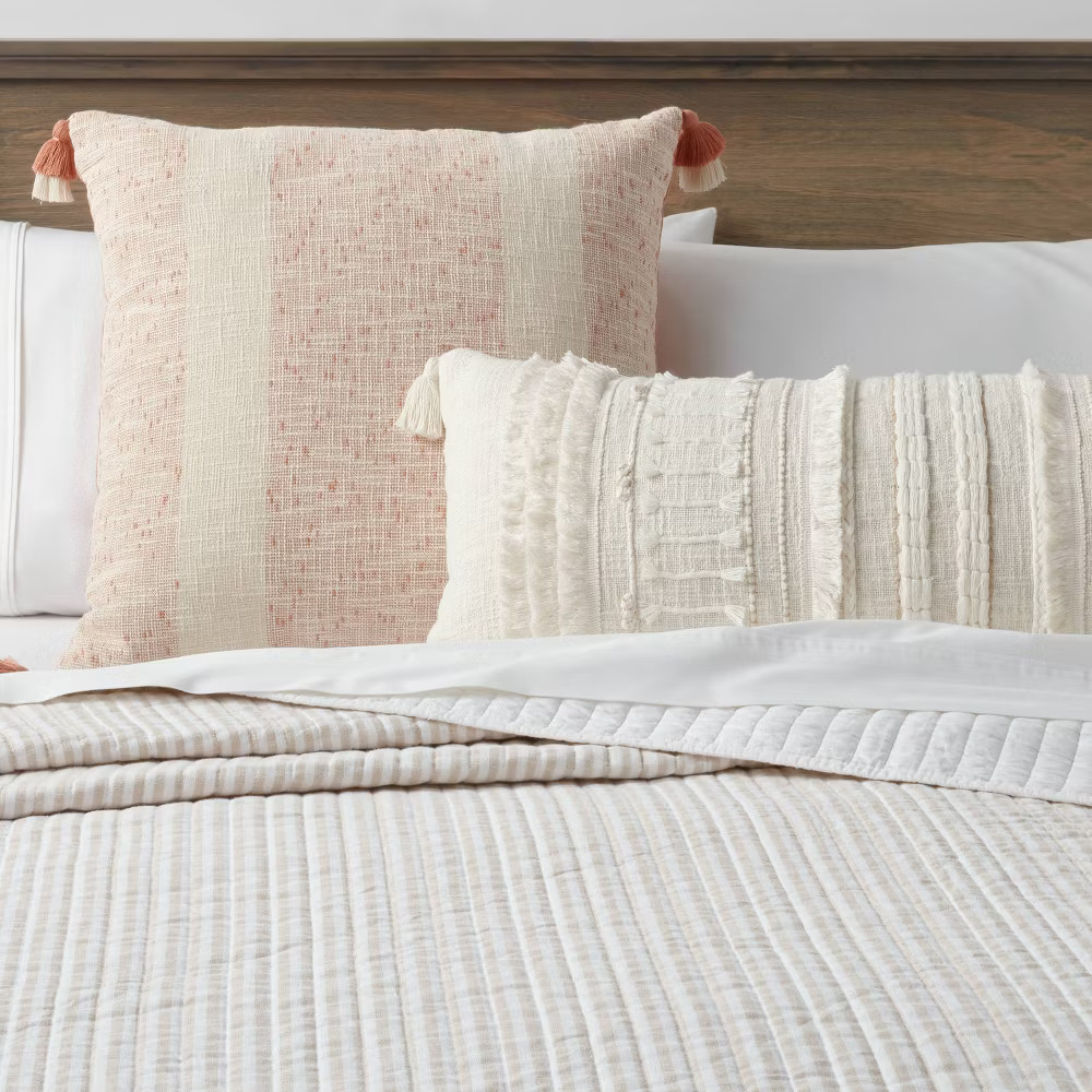 Oversized Oblong Woven Knotted Fringe Decorative Throw Pillow Natural - gallery