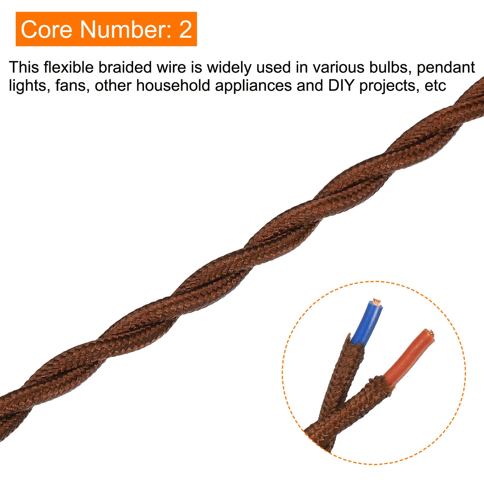 Twisted Cloth Covered Wire 2 Core 18AWG 5m/16.4ft,Electrical Cable,Brown gallery