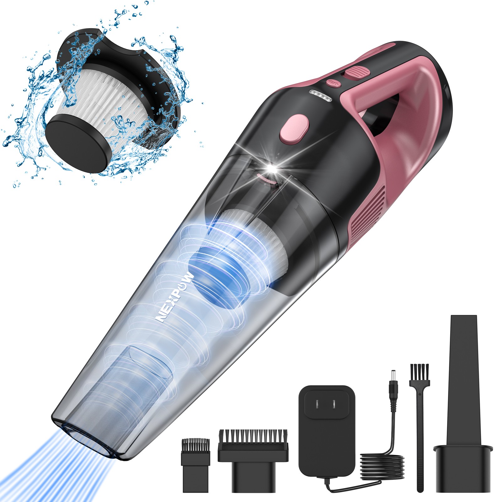 NEXPOW Pink Handheld Vacuum, 10000Pa Suction, Brushless Motor, LED, Car Home gallery