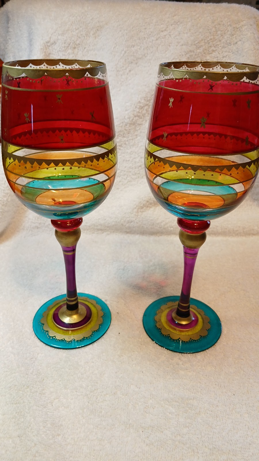 2-Pier 1 Festive Stripe Red Gold Purple Blue Bands Wine Glass gallery