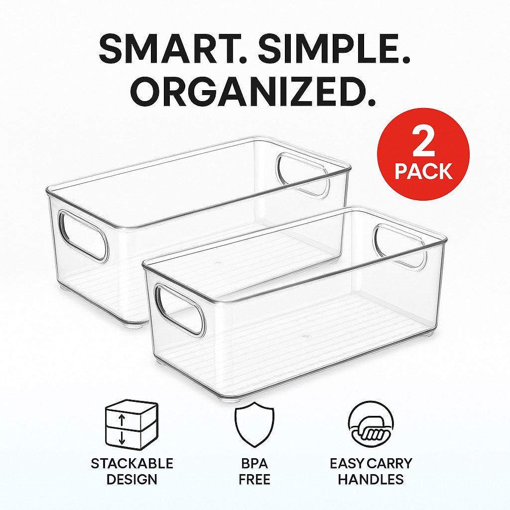 2 Pack Clear Stackable Storage Bins with Handles for Fridge Pantry BPA Free gallery