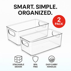 2 Pack Clear Stackable Storage Bins with Handles for Fridge Pantry BPA Free