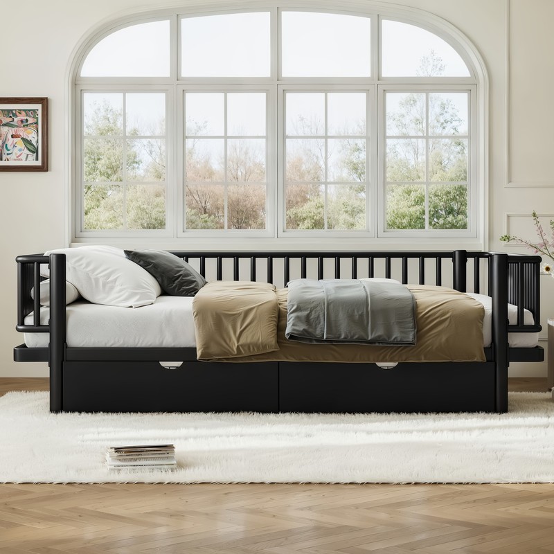 Queen Size Metal MDF Platform Bed Frame Daybed Slatted W/ Storage Drawers Black gallery