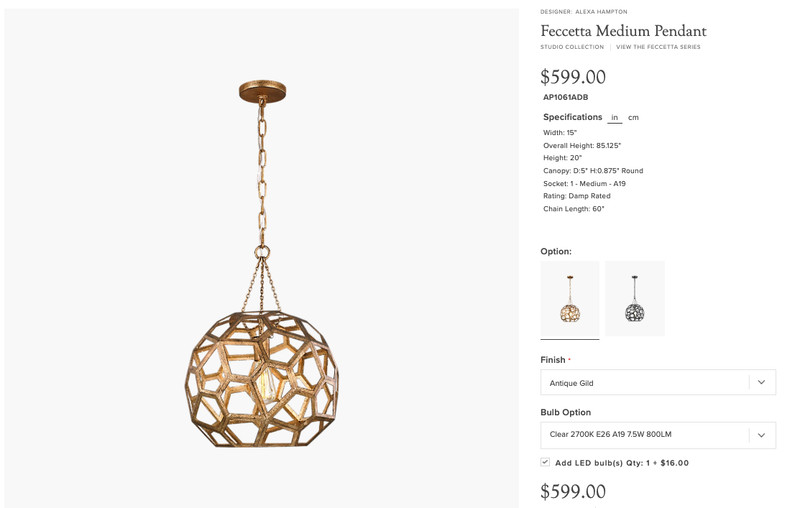 Visual Comfort Feccetta Medium Pendant / Antique Gild gallery
