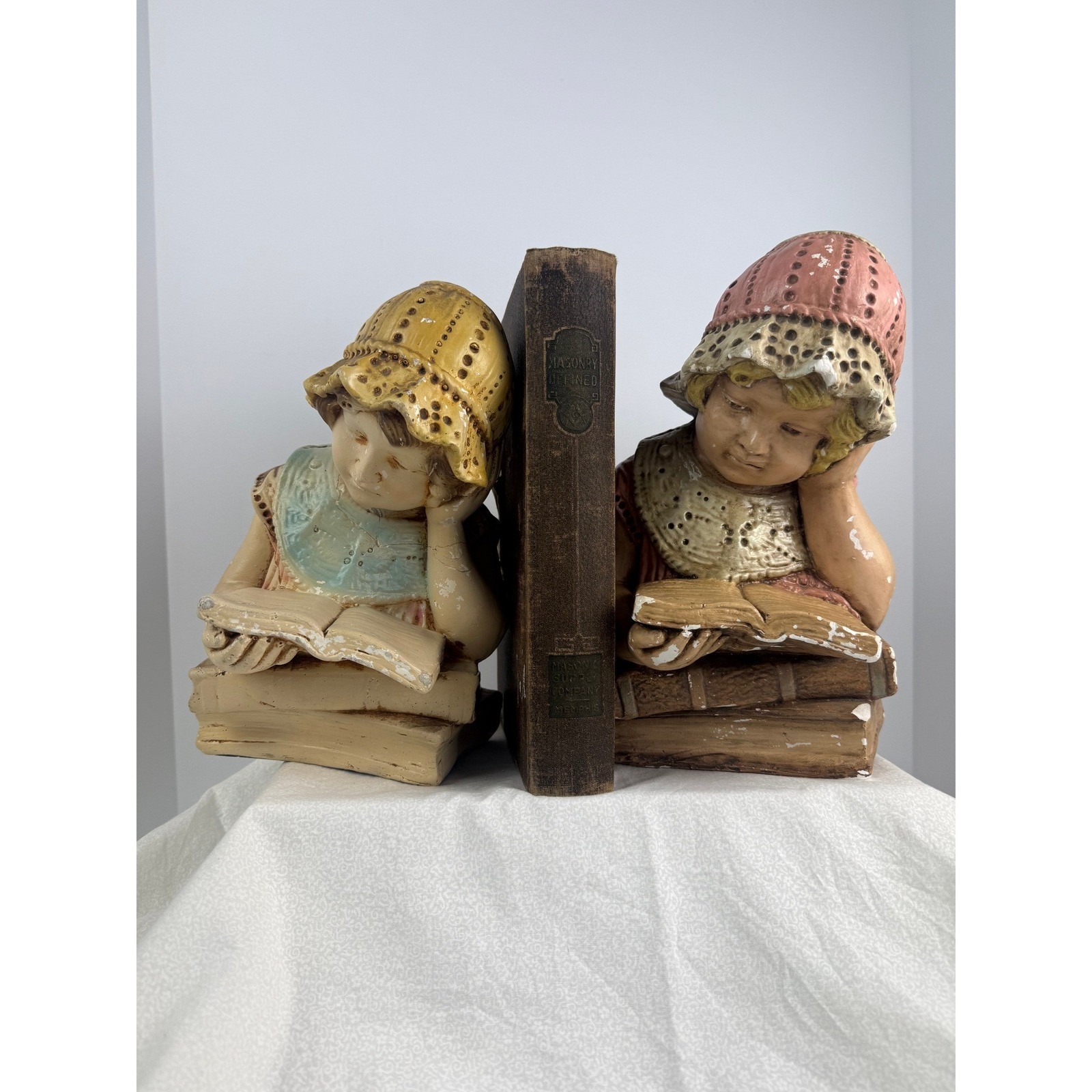 Vintage Chalkware Girls Reading Bookends Pair Shabby Chic Very Heavy gallery