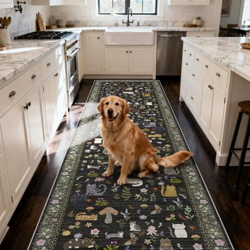 Washable Hallway Runner Rug: Non Slip Soft Long Low Pile Animal Cat 2x10 Black gallery