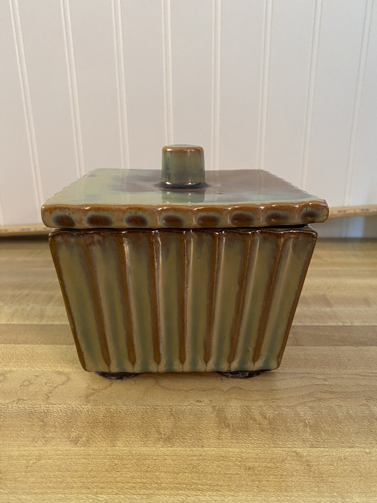 Preowned Greenish-Brown Square Boxed Shaped Dish + Lid....Global Views INC....DB gallery