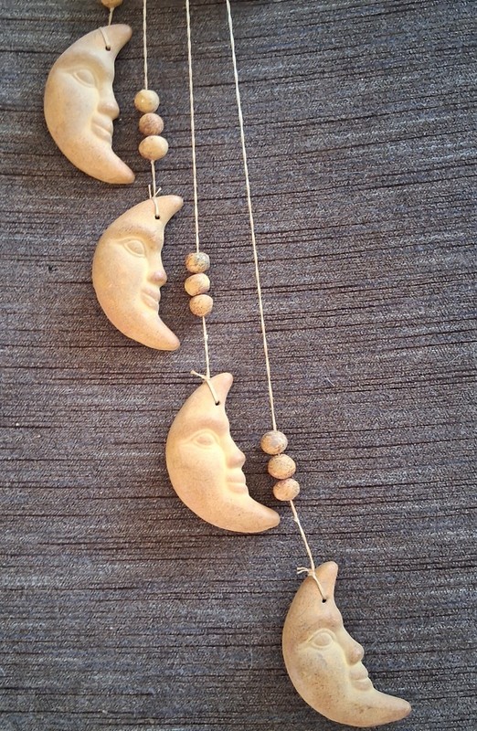 Vintage Ceramic Crescent Moon Face Wall Hanging 25" Celestial Boho Decor gallery