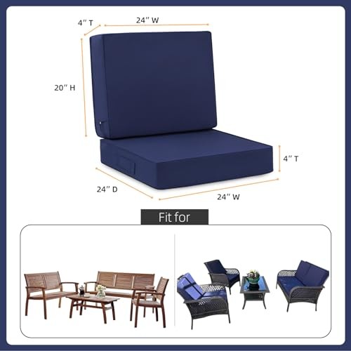 Deep Seat Patio Cushion Set 24 x 24 Inch Seat 24x24 In + Back 24x20 In Blue gallery