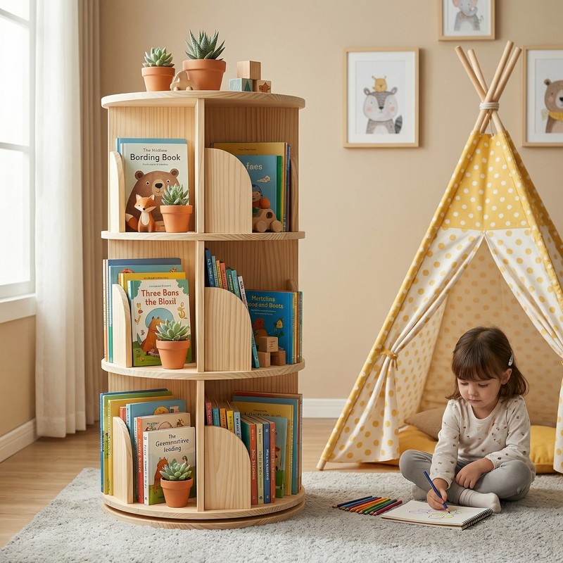 3 Tier Round Floor Standing Bookcase with 360° Spinning Design Display Shelf gallery
