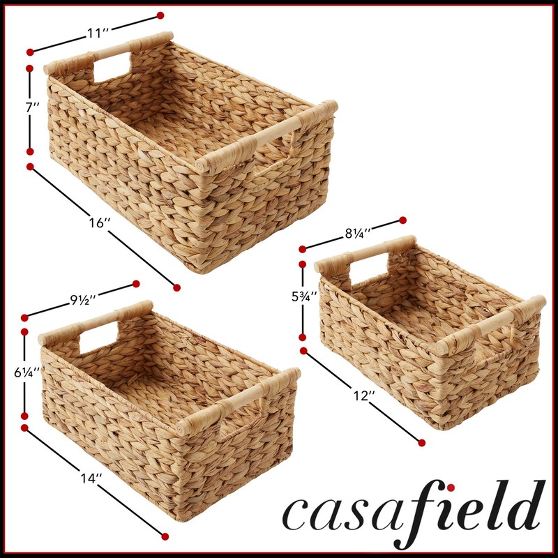 3-Piece Hyacinth Rectangular Storage Basket Set w/ Wood Handles, Natural Wicker gallery