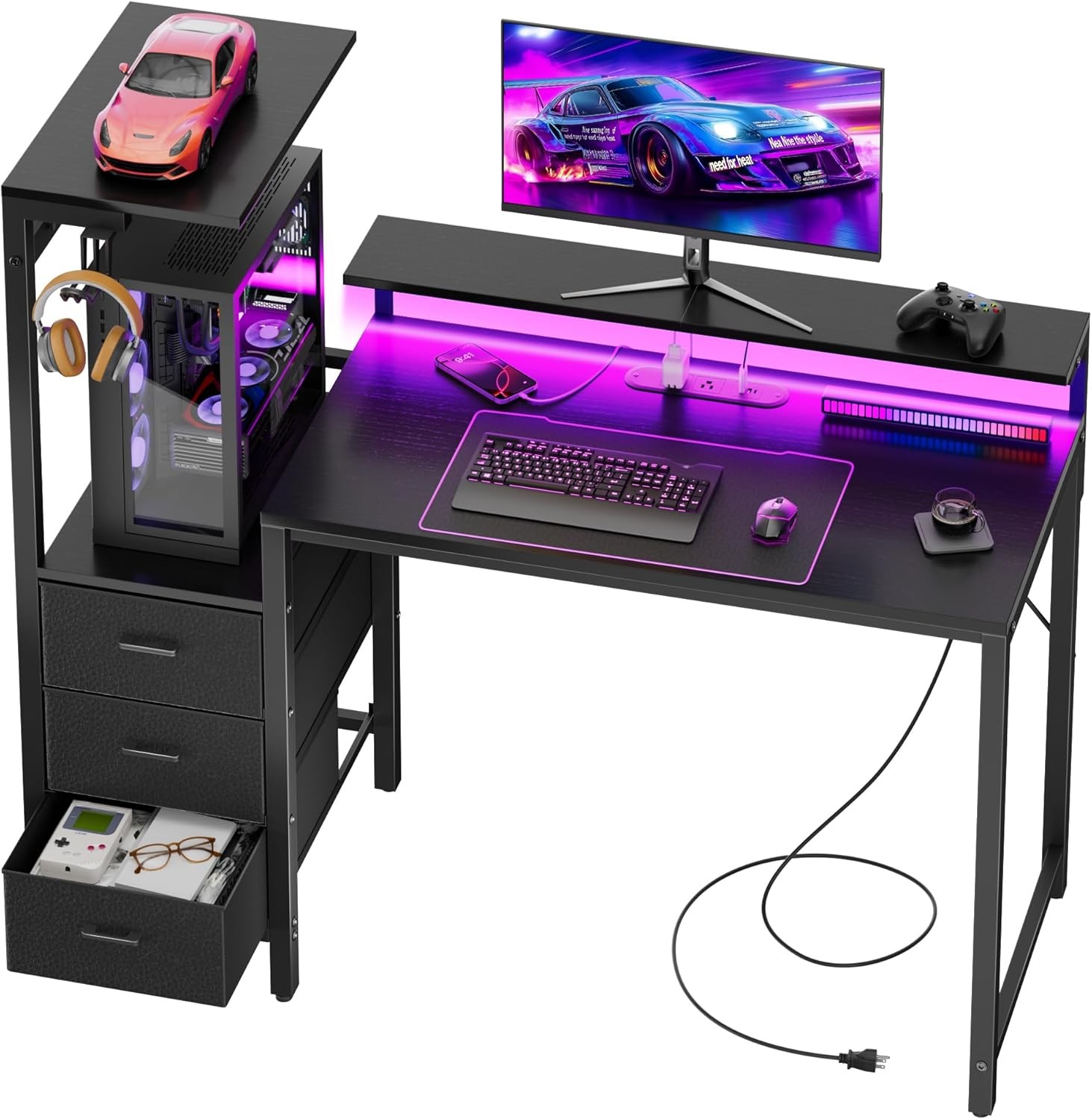 Gaming Computer Desk with Led Lights & Outlets, Gamer Desk with 3 Drawers gallery