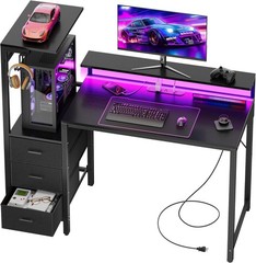 Gaming Computer Desk with Led Lights & Outlets, Gamer Desk with 3 Drawers