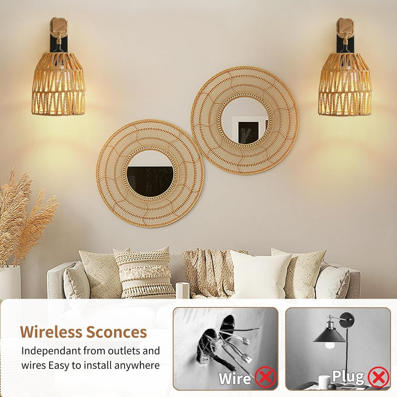 Rechargeable Rattan Wall Sconces with Remote, Set of 2 for Home Decor gallery