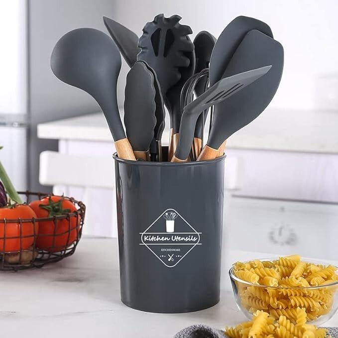 12-Pcs Kitchen Silicone Utensils Set with Heat Resist Wooden Handle Black gallery