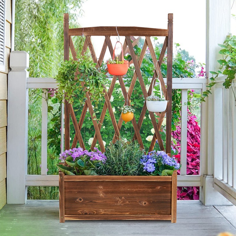 Rustic Wooden Raised Garden Bed Vegetable Planter Grid Box with Climbing Trellis gallery
