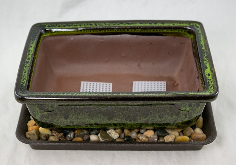 8" Rectangular Moss Green Bonsai Cactus Succulent Pot + Tray + Rock + Mesh Combo gallery