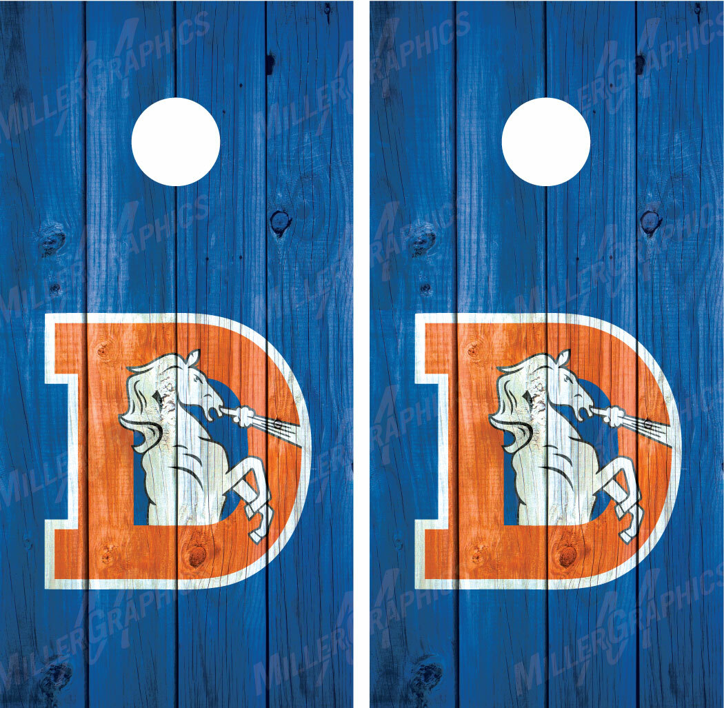 Denver Broncos Throwback (Blue) Distressed Wood Cornhole Board Decal Wrap Wraps gallery