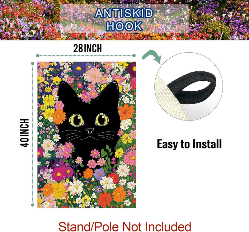 Spring Summer Cat House Flag Double Sided 28 X 40 Inch Funny Black Cat Flower Fl gallery