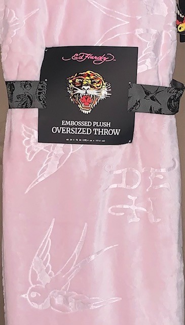 Ed Hardy Pink Sparrows/Birds & Monograms Embossed Oversized Plush Throw Blanket gallery