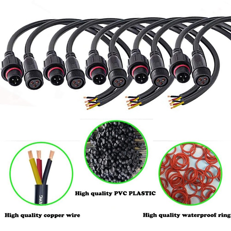 QOFOWIN 3wire Waterproof Connector, 3Pin Male Female Plug LED 3Pin-way, Black gallery