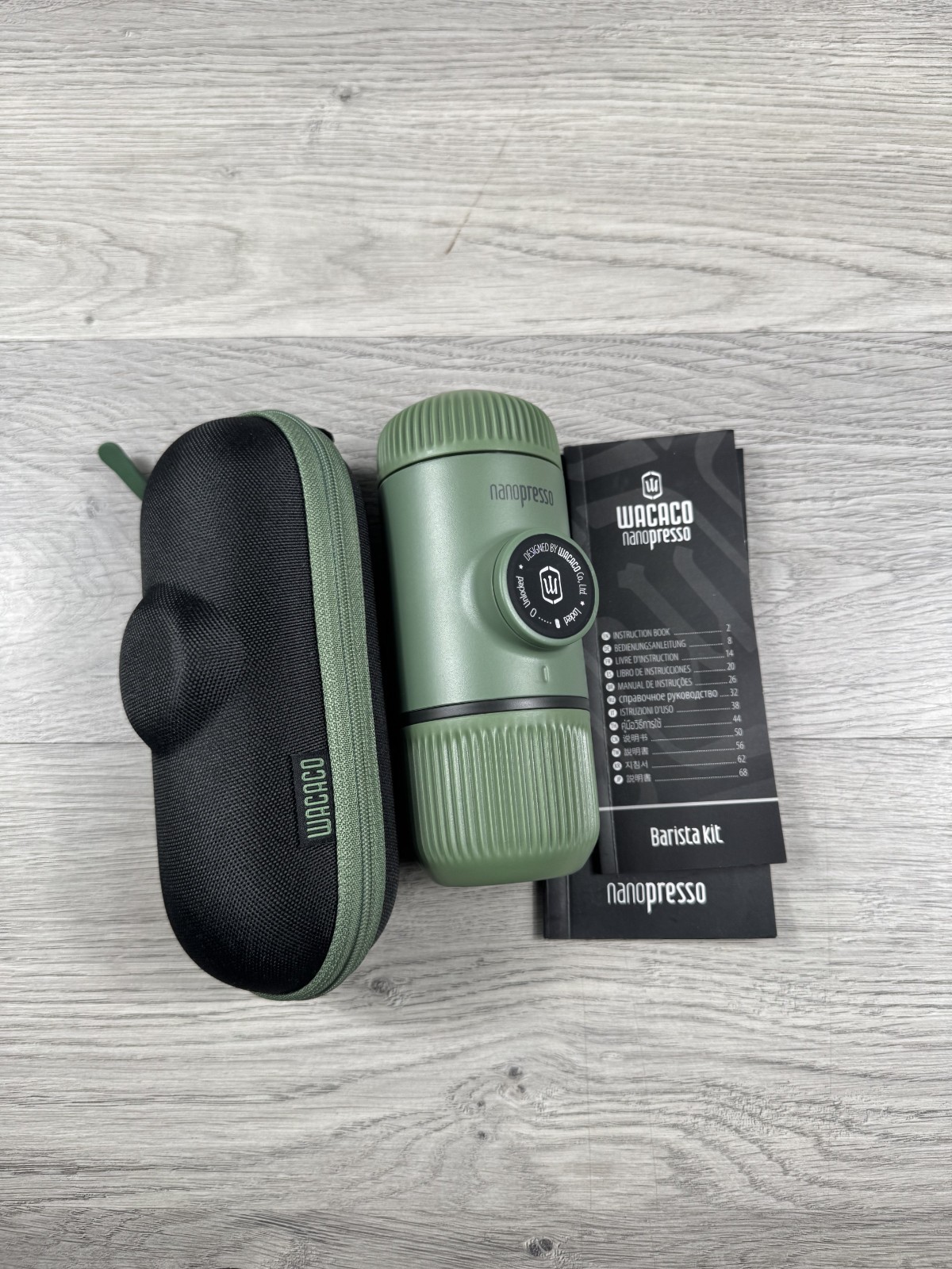 Wacaco Nanopresso Hand Powered Portable Espresso Maker in Moss Green with Case gallery