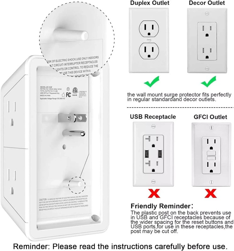5 Outlet Extender Multi Plug Wall Outlets with 4 USB Charging Ports (1 USB C Out gallery