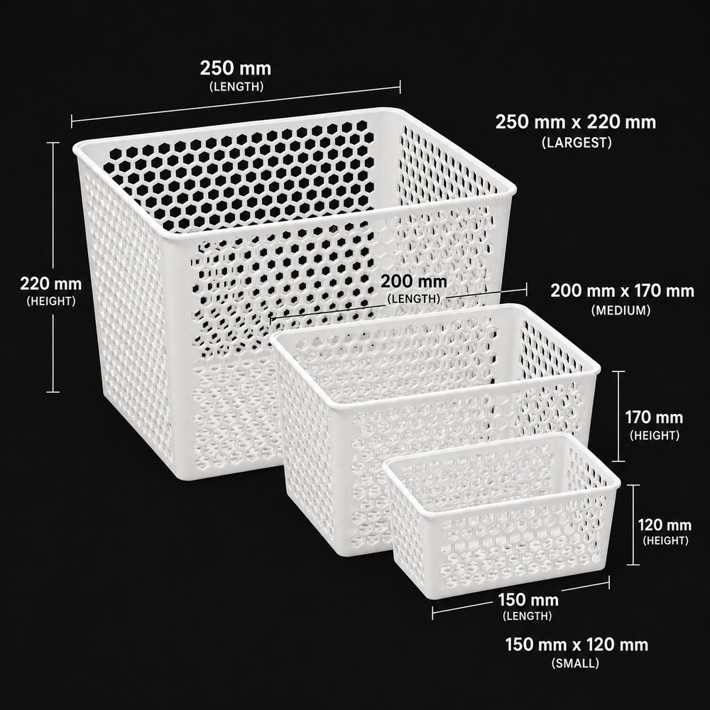 3-Piece Stackable Storage Basket Set – White Honeycomb Design