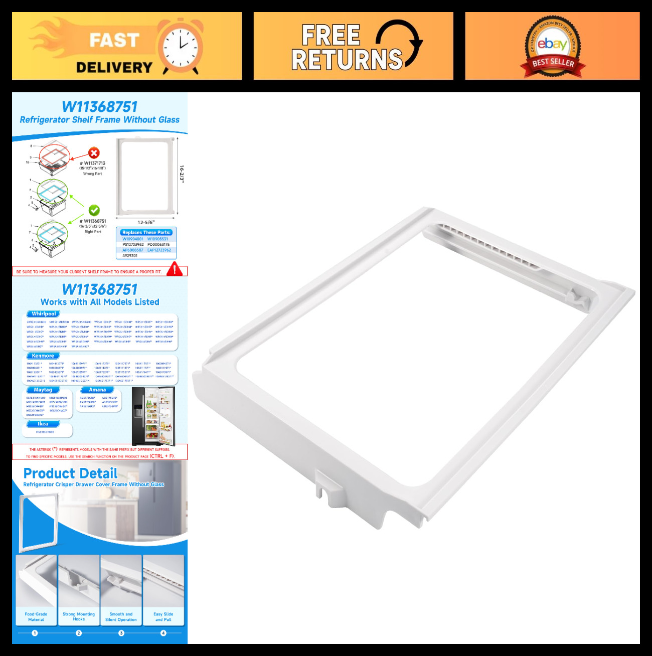 Refrigerator Crisper Drawer Cover Shelf Frame - No Glass, Fits Whirlpool, Amana, gallery