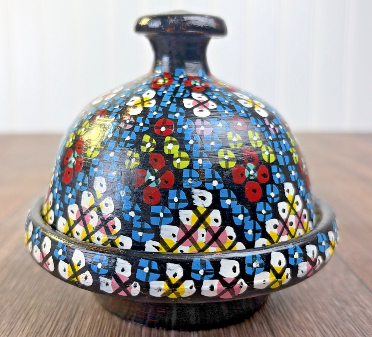 Hand Painted Moroccan Terracotta Clay Pottery Tagine Dish 4" Signed Trinket gallery
