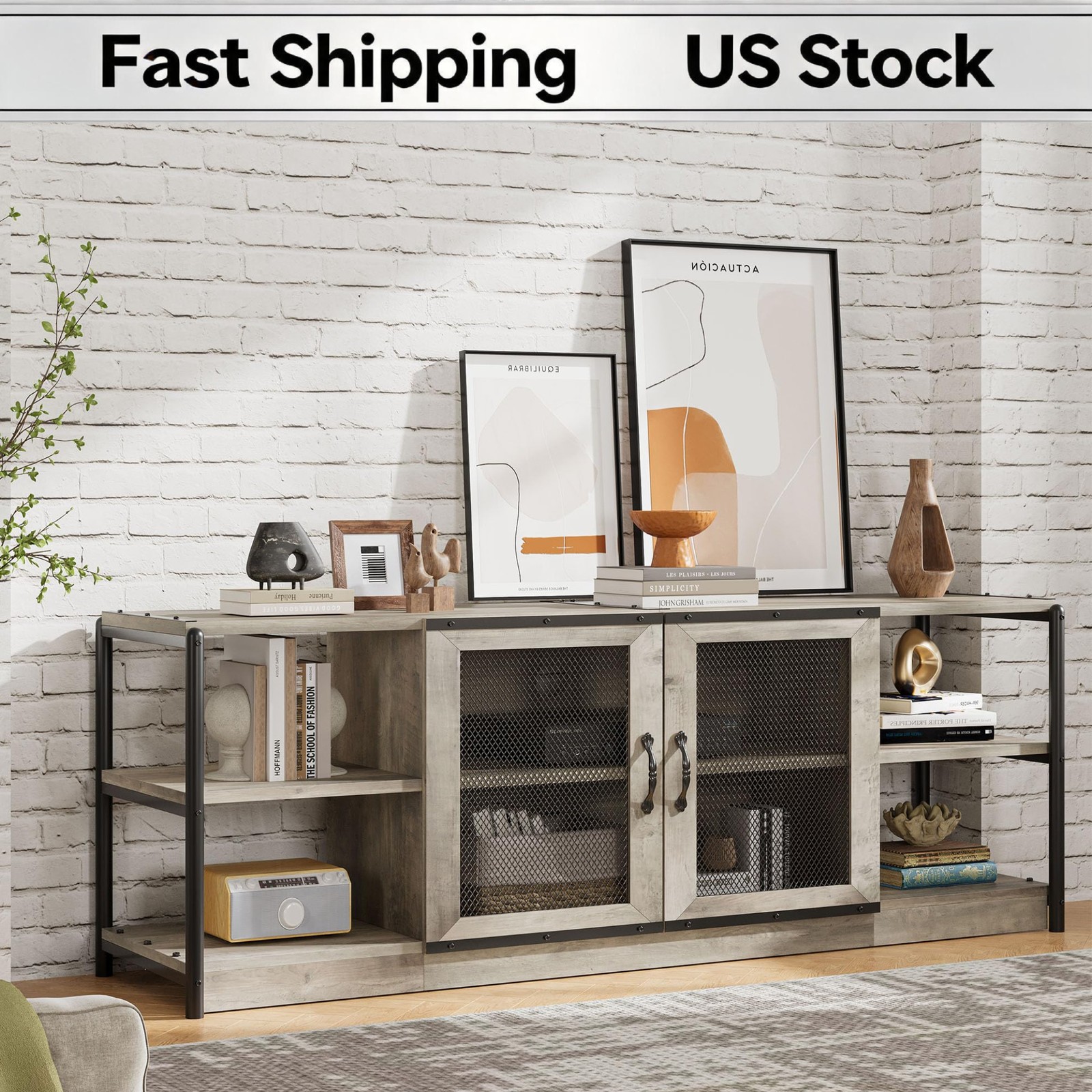 Rustic Media Console Table 75/80 Inch Industrial Double Mesh Doors Storage Cabin gallery