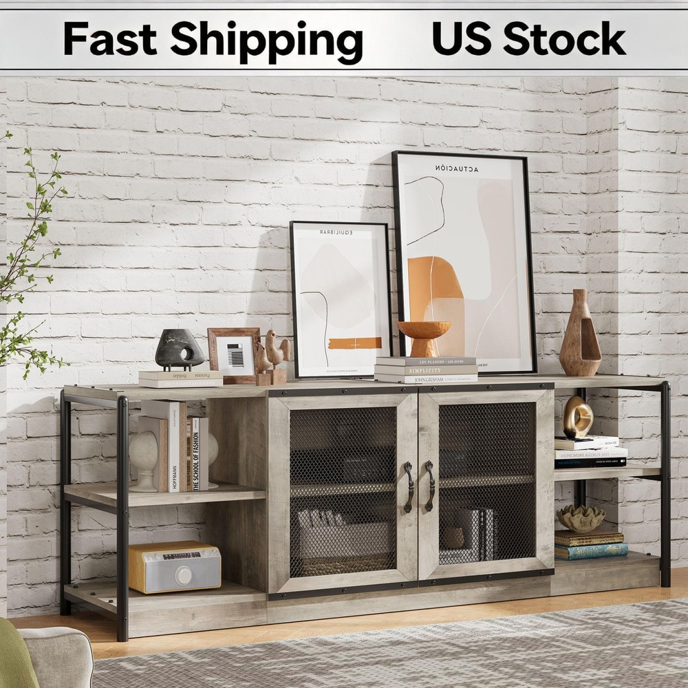 Rustic Media Console Table 75/80 Inch Industrial Double Mesh Doors Storage Cabin