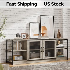 Rustic Media Console Table 75/80 Inch Industrial Double Mesh Doors Storage Cabin
