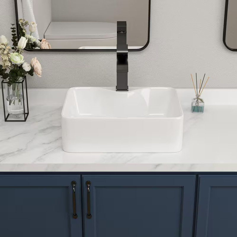 16 In. Rectangular Bathroom Ceramic Vessel Sink Basin in White with Black Faucet gallery