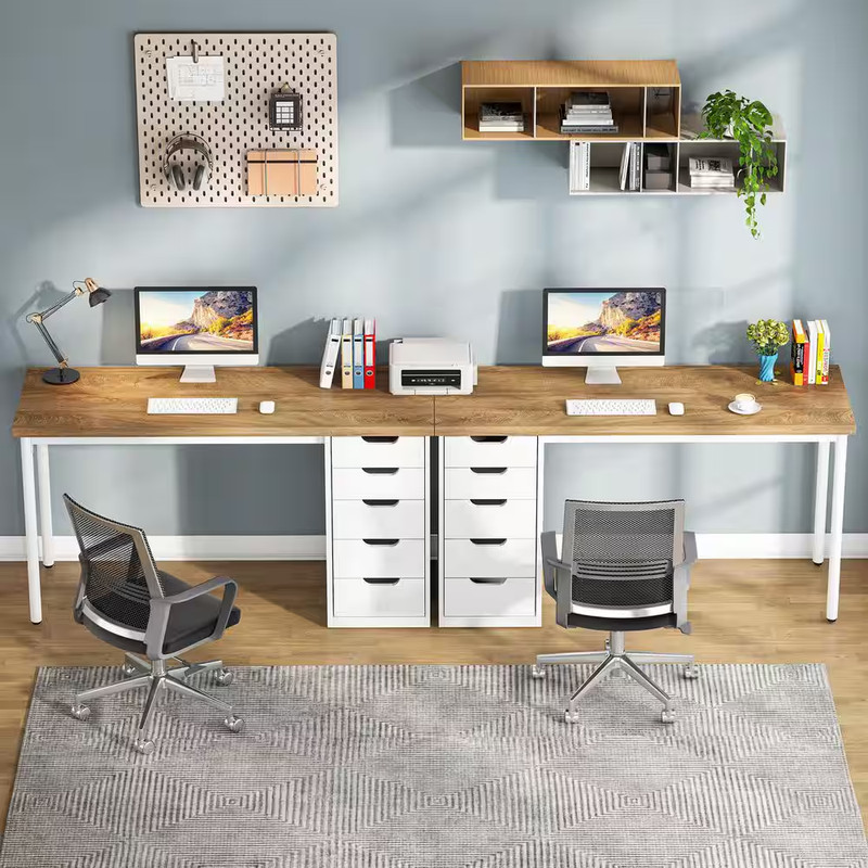 Havrvin 47 In. Rectangular Light Brown and White 5-Drawer Computer Desk for Home gallery
