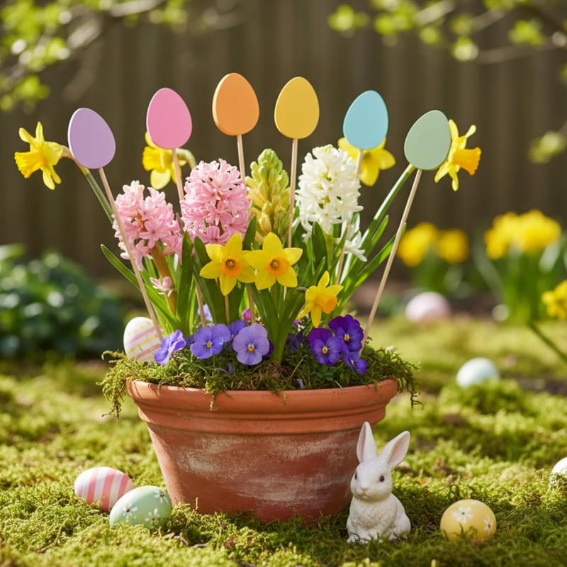 6 Pcs Wooden Easter Egg Garden Stakes Yard Decoration Front Yard Art Stick Flowe gallery