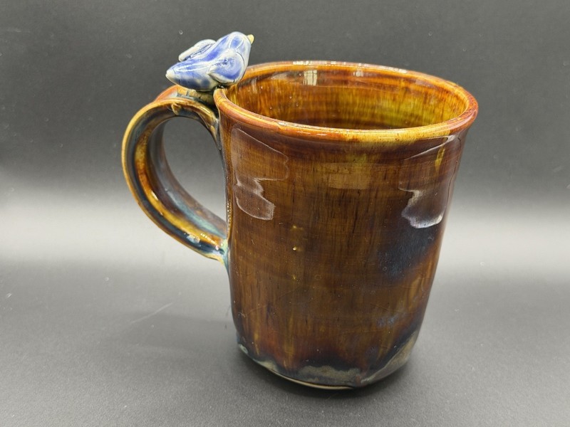 Signed Art Pottery Ceramic Blue Bird Coffee Tea Soup Mug Brown And Blue Glaze gallery