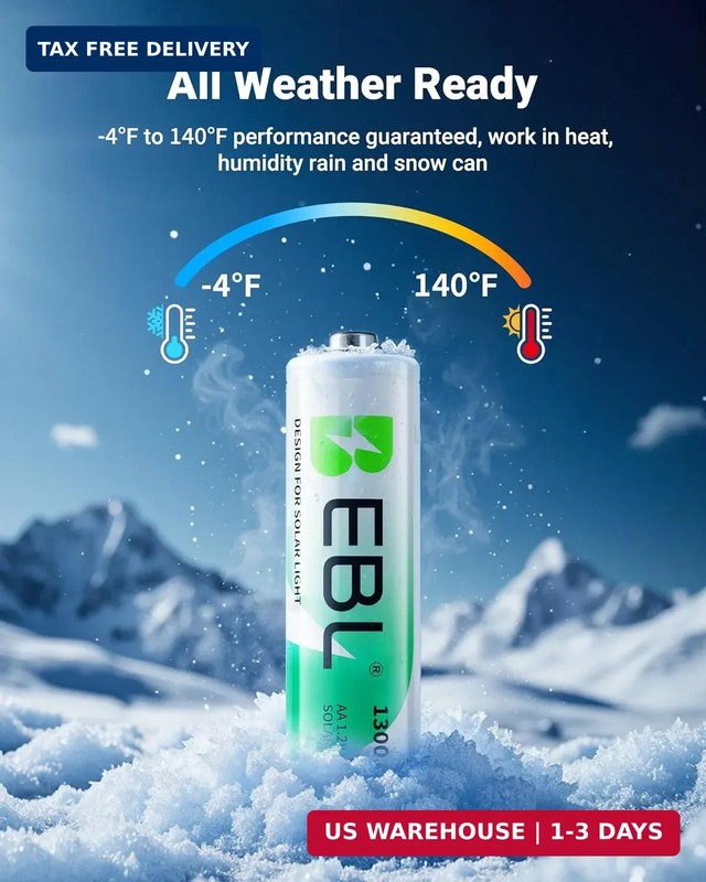 EBL Solar AA Battery Rechargeable Batteries for Outdoor Solar Lights, 1300mAh NI gallery