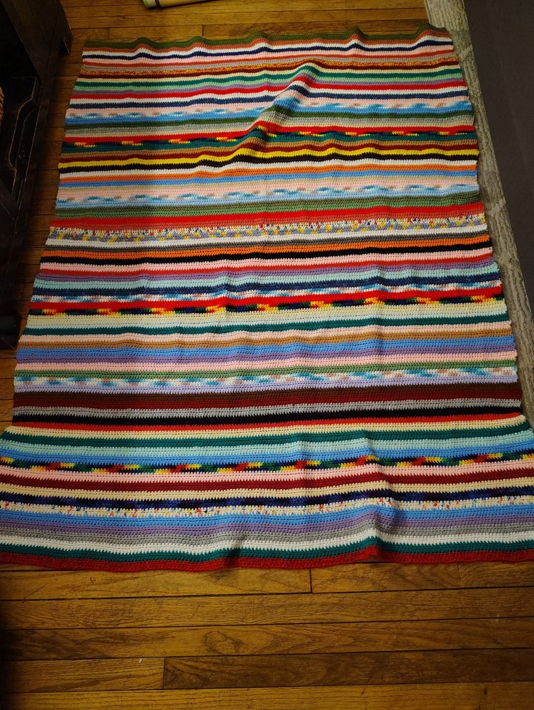 Afghan Throw Blanket Homemade Sharktooth Stripe Crochet Multicolor Granny Core