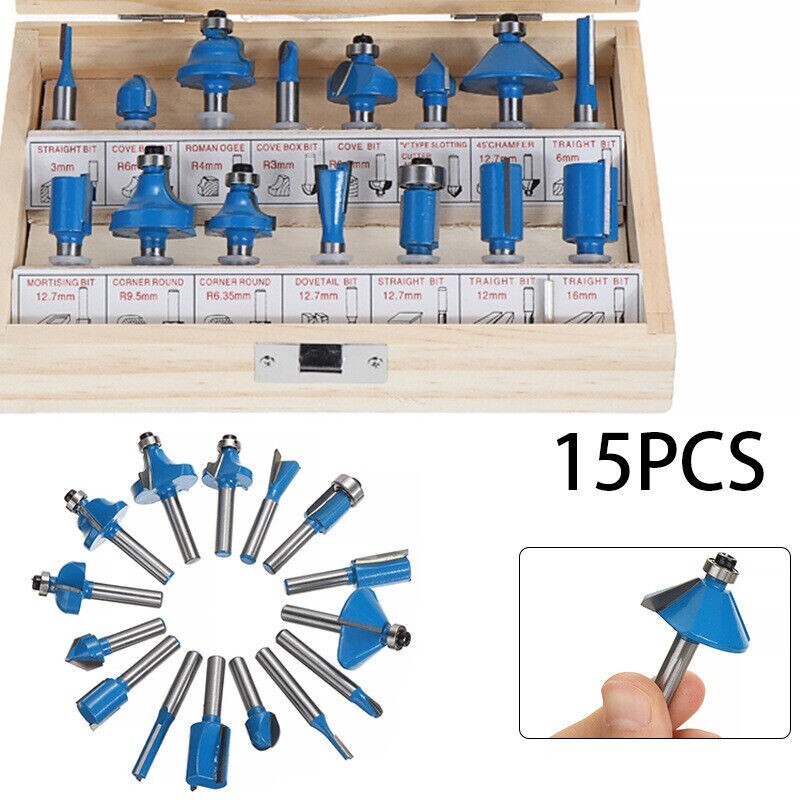 15pcs Router Bits Set Carbide Tipped,1/4'' Shank with Wooden Carry Case