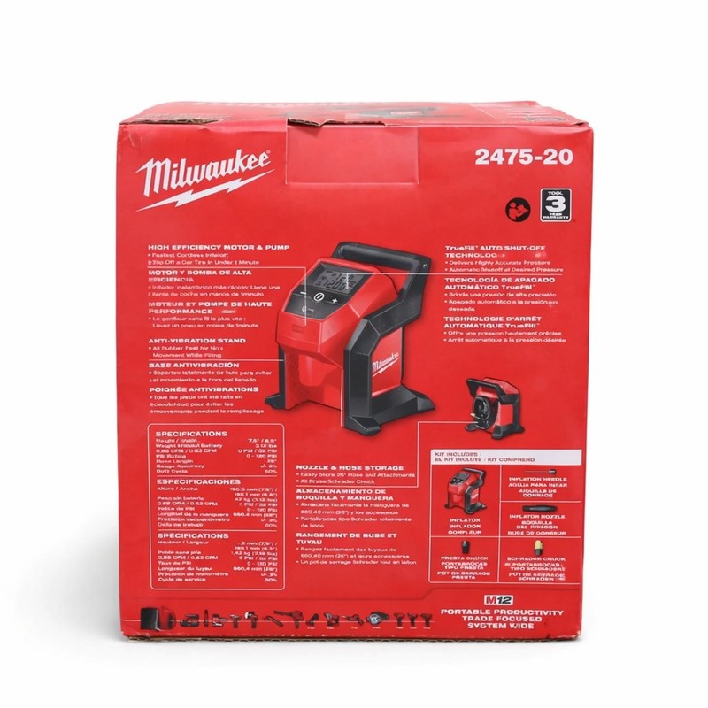 Milwaukee 2475-20 M12 Compact Inflator Cordless 12V Tire Air Compressor Tool gallery
