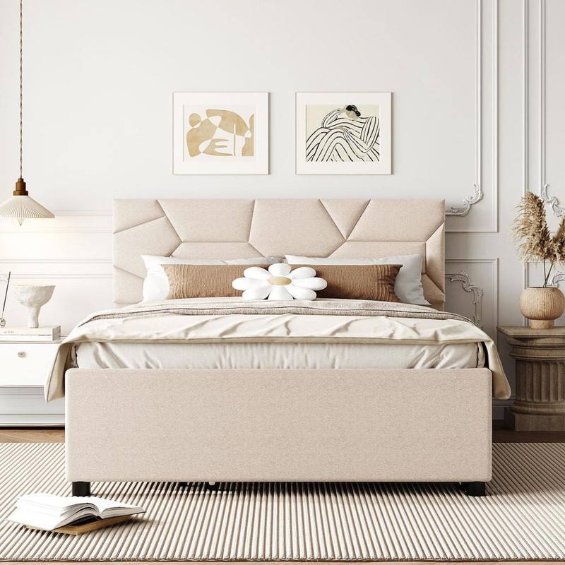 Full Size Upholstered Platform Bed W/Twin Size Trundle Beige Gray gallery