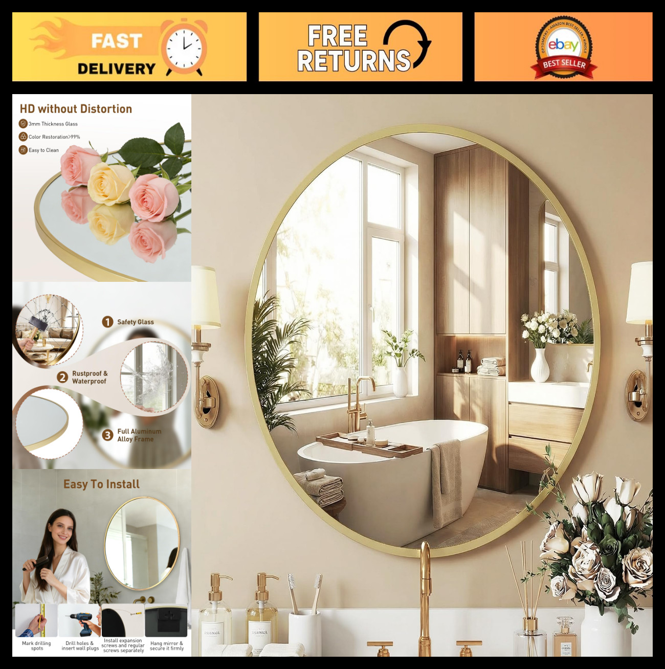 30" Round Wall Mirror - Matte Metal Frame, Anti-Rust, Vanity Decor for Bathroom, gallery