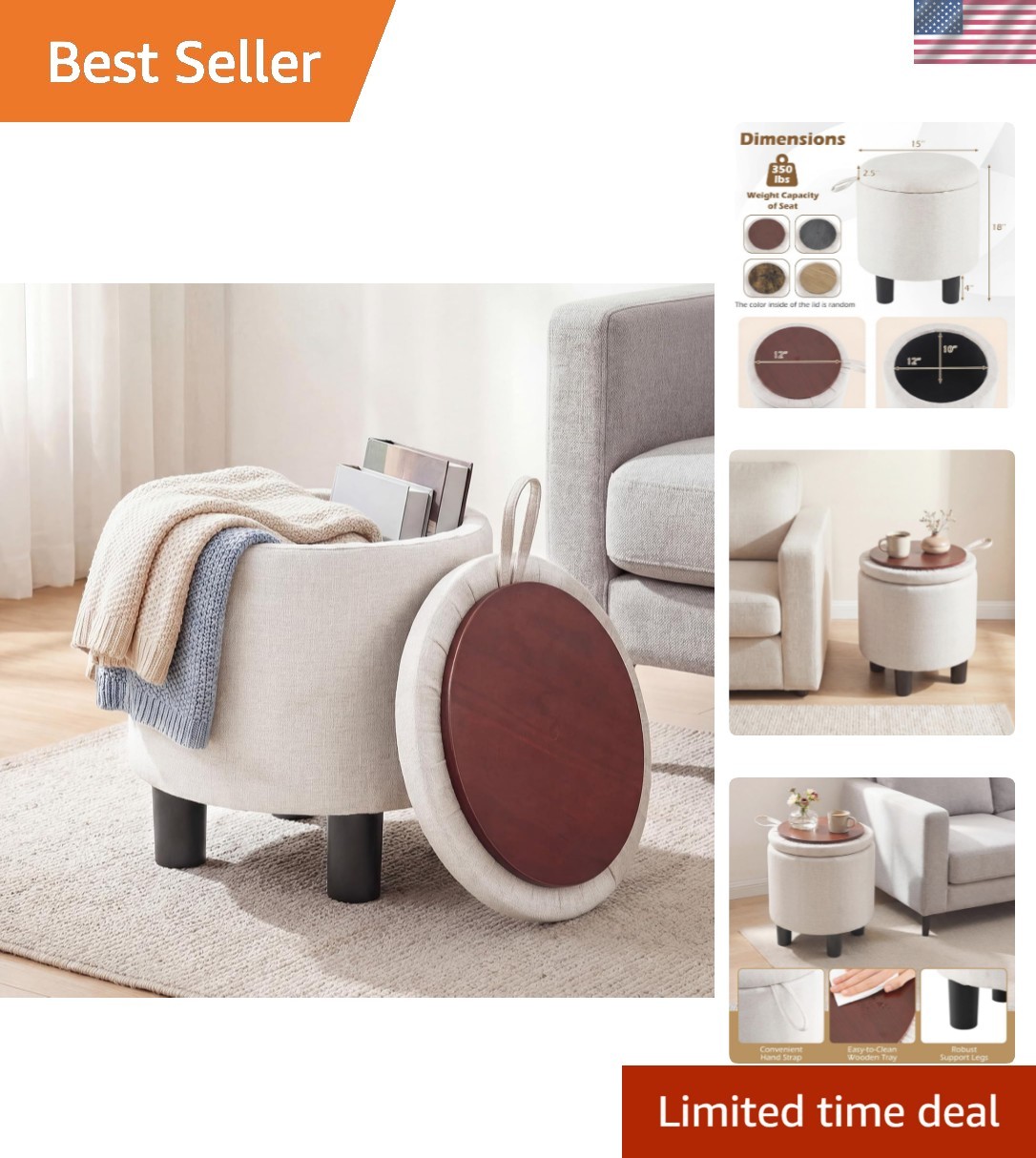 Round Storage Ottoman, Linen Fabric Upholstered Ottoman Foot Rest with Remova... gallery